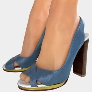 Christian Louboutin Morphea 120 Blue Leather Block Slingback Sandals US 5/EU 35